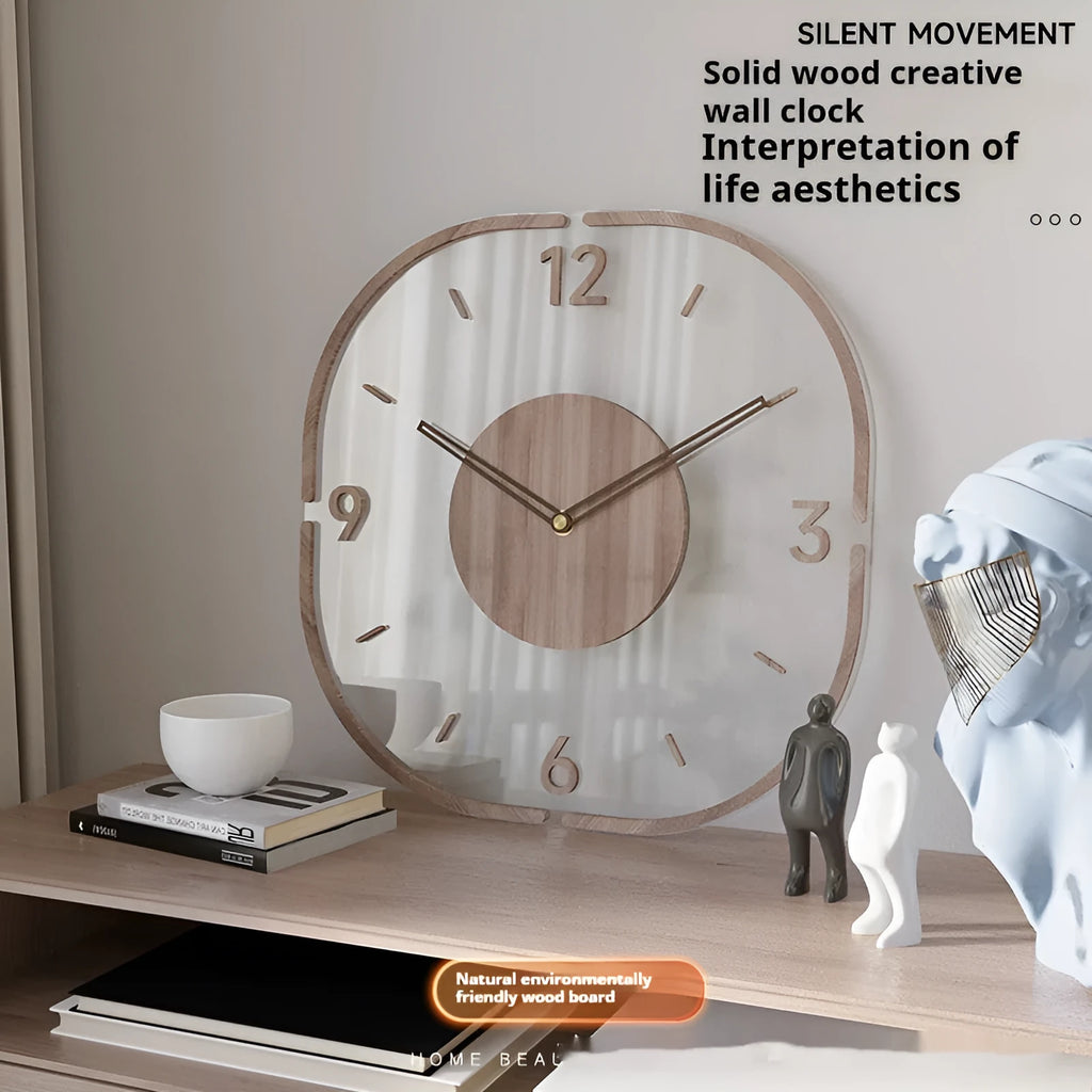Wooden frame transparent wall clock with modern design showing clear time display