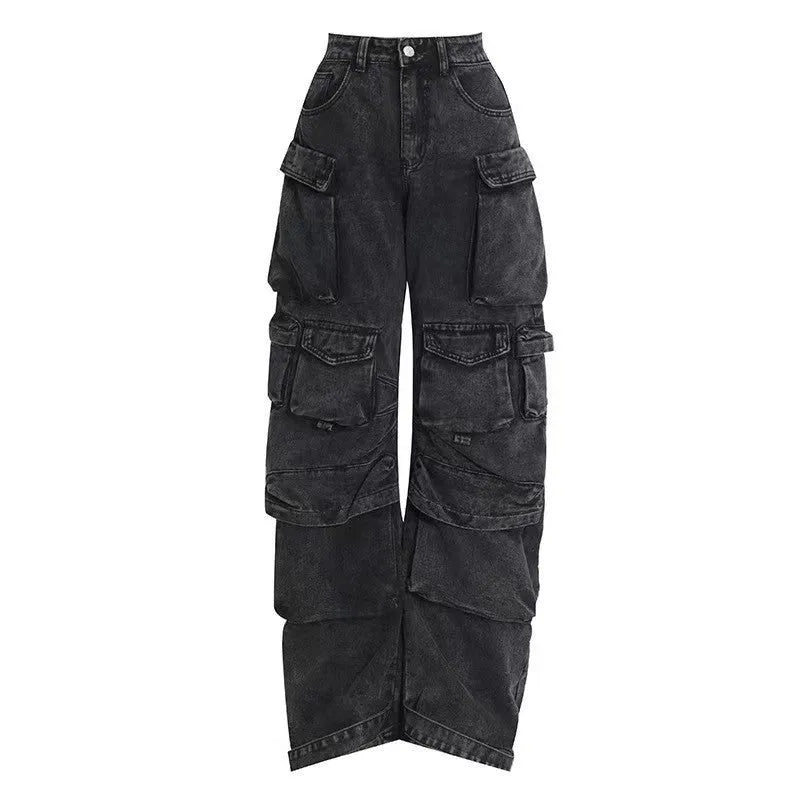 Women's high waist wide leg jeans in tie-dyed denim with multiple pockets and street hipster styling