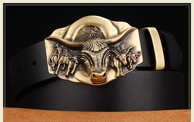 Cowhide leather belt with copper smooth buckle in black colour glossy finish
