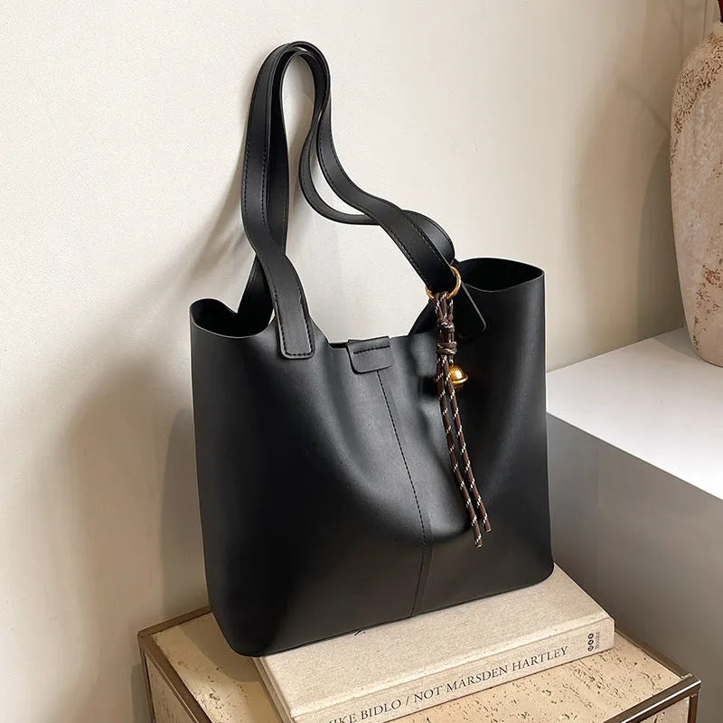Fashionable commuter shoulder bag PU leather horizontal square shape brown colour with pendant inner patch pocket