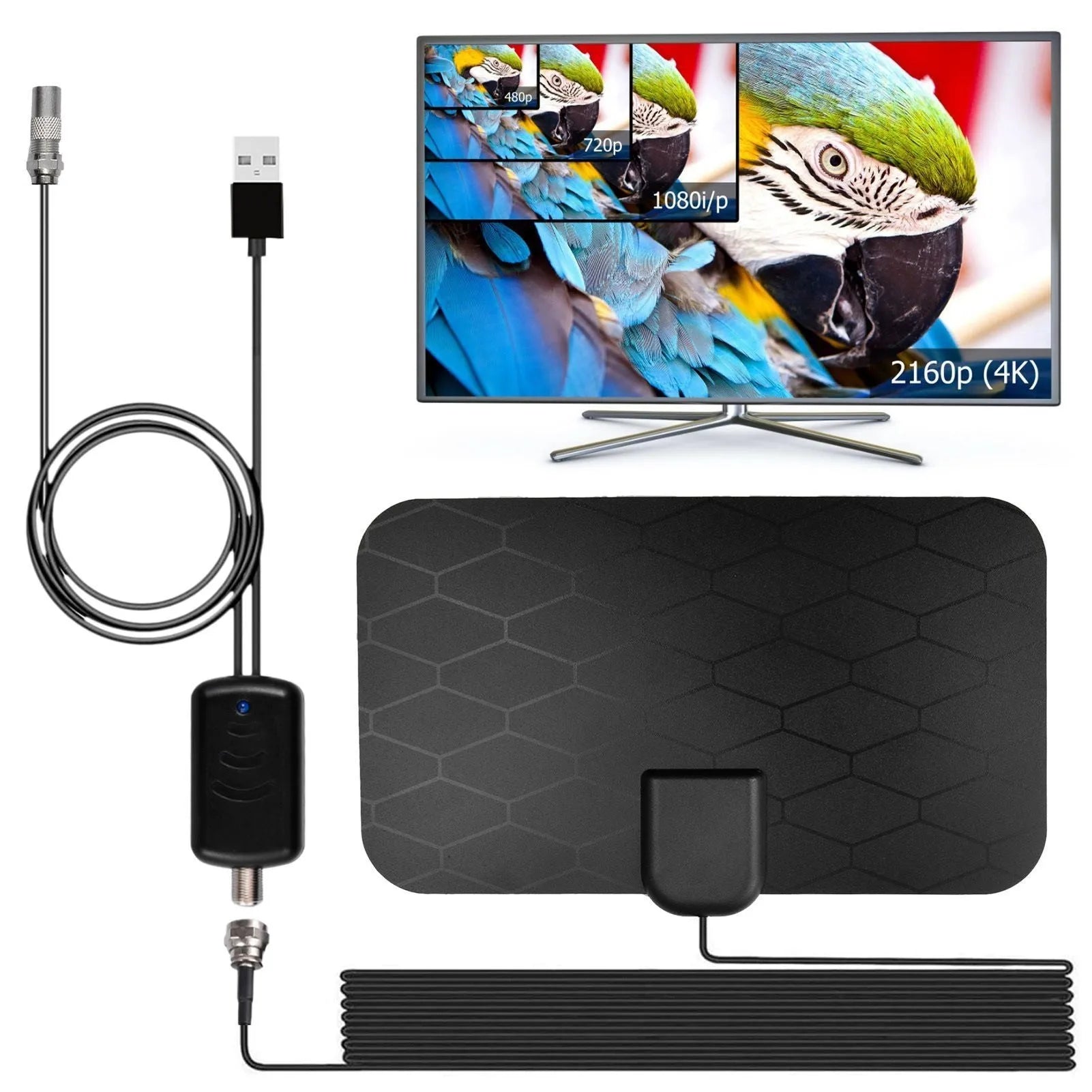 Black HD indoor digital TV antenna with amplifier and 10-foot coaxial cable for 4K free broadcast reception
