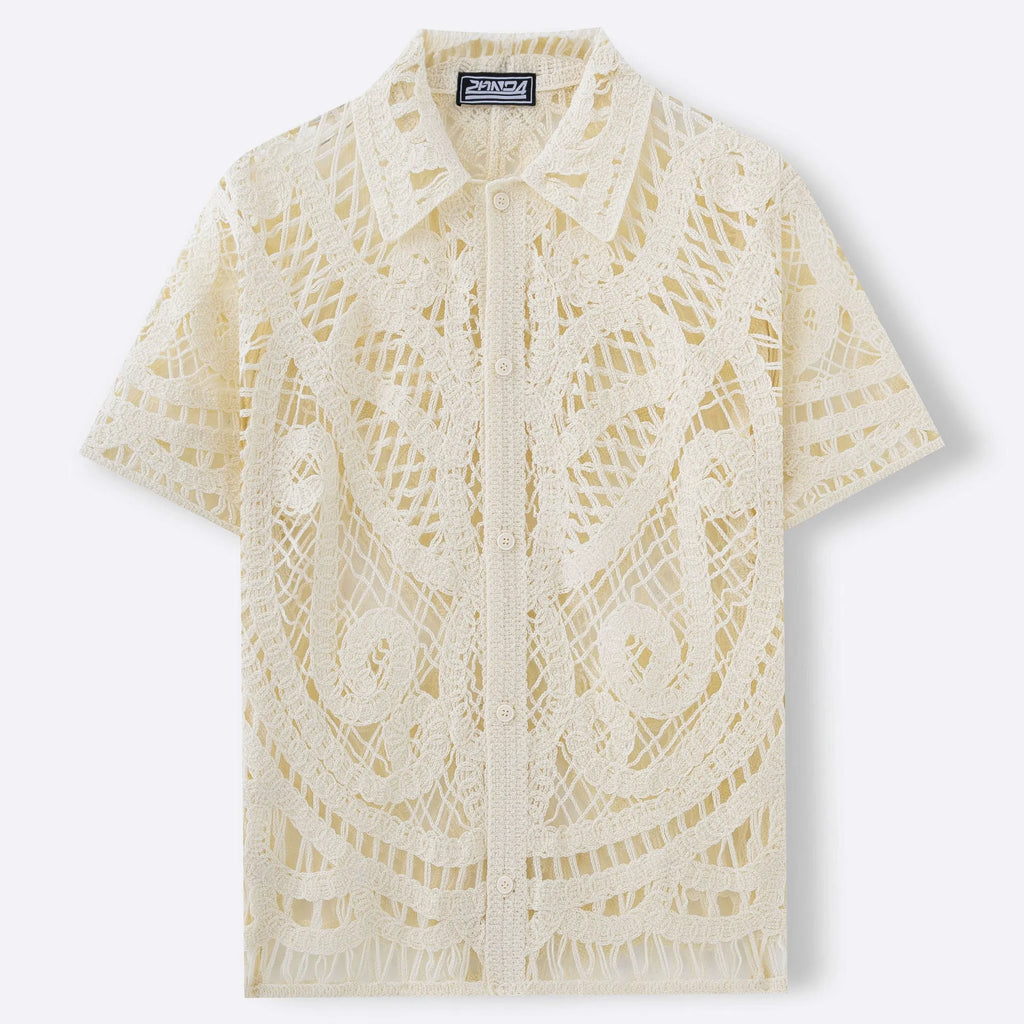 Men's hollow crochet short sleeve cardigan polo shirt in apricot acrylic knit for casual summer wear.