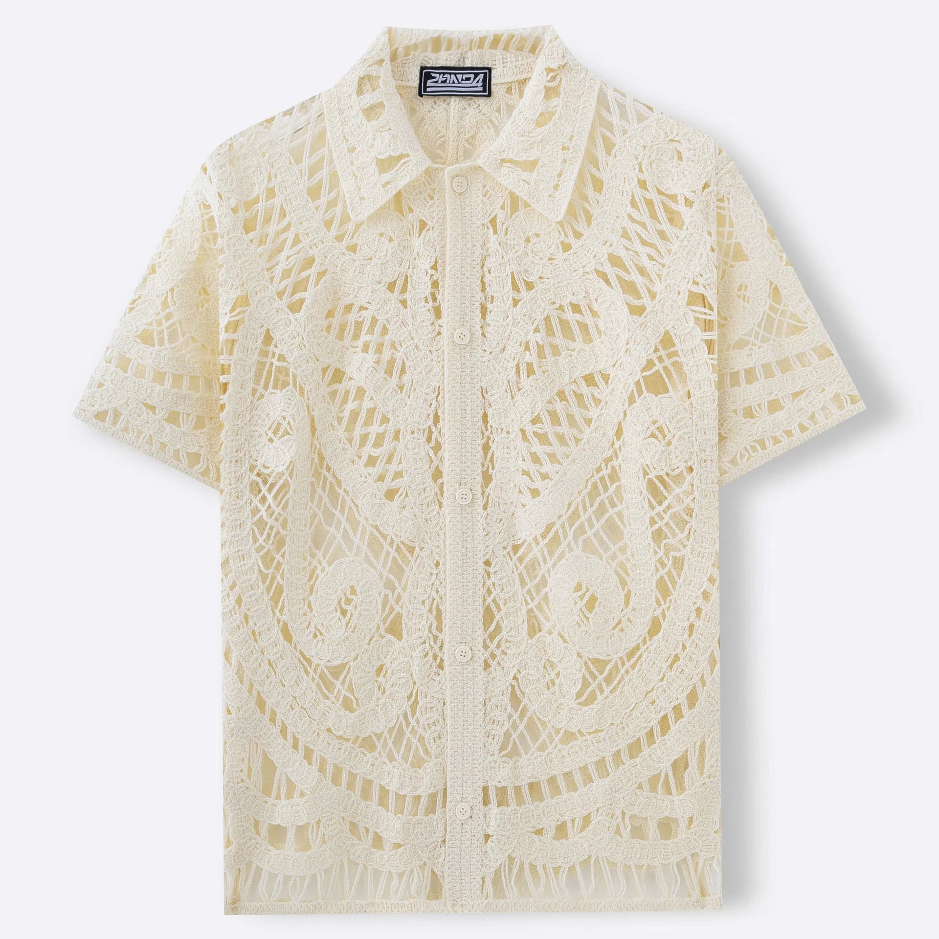 Men's hollow crochet short sleeve cardigan polo shirt in apricot acrylic knit for casual summer wear.