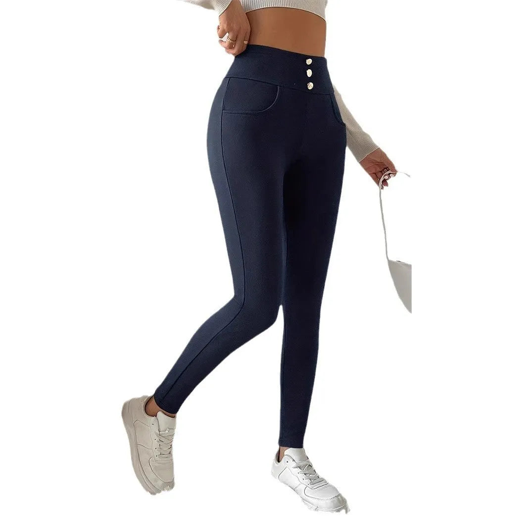 Navy blue women's high-waist straight-leg trousers laid flat, showing the front design.