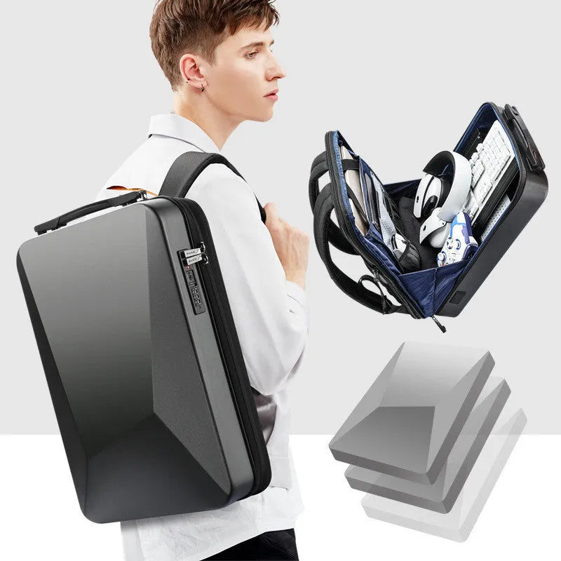 PC hard shell gaming backpack in black or silver with organisational pockets and double straps