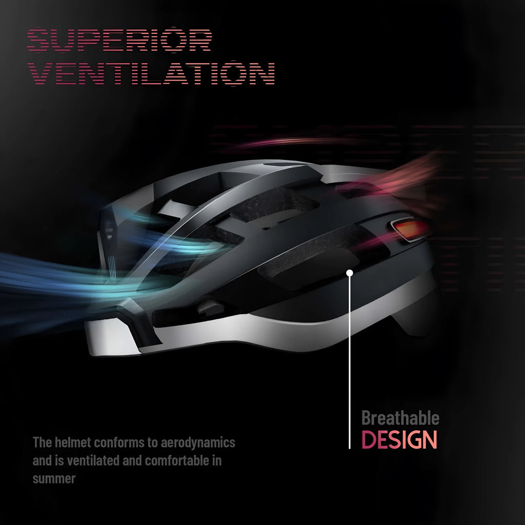 Black and grey adult cycling helmet with integrated warning lights on the rear.