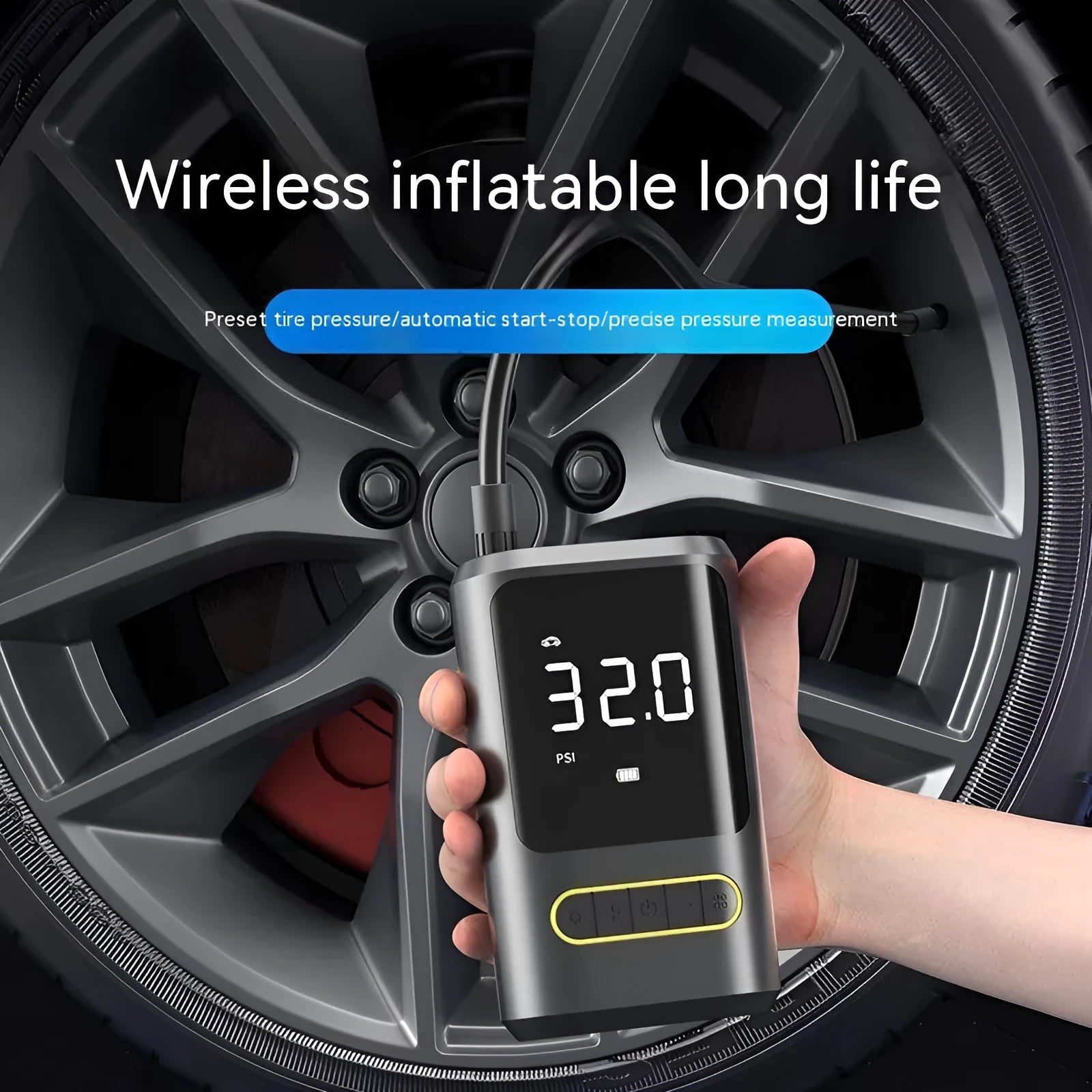 Handheld wireless digital air pump with display screen and LED light for car tyres
