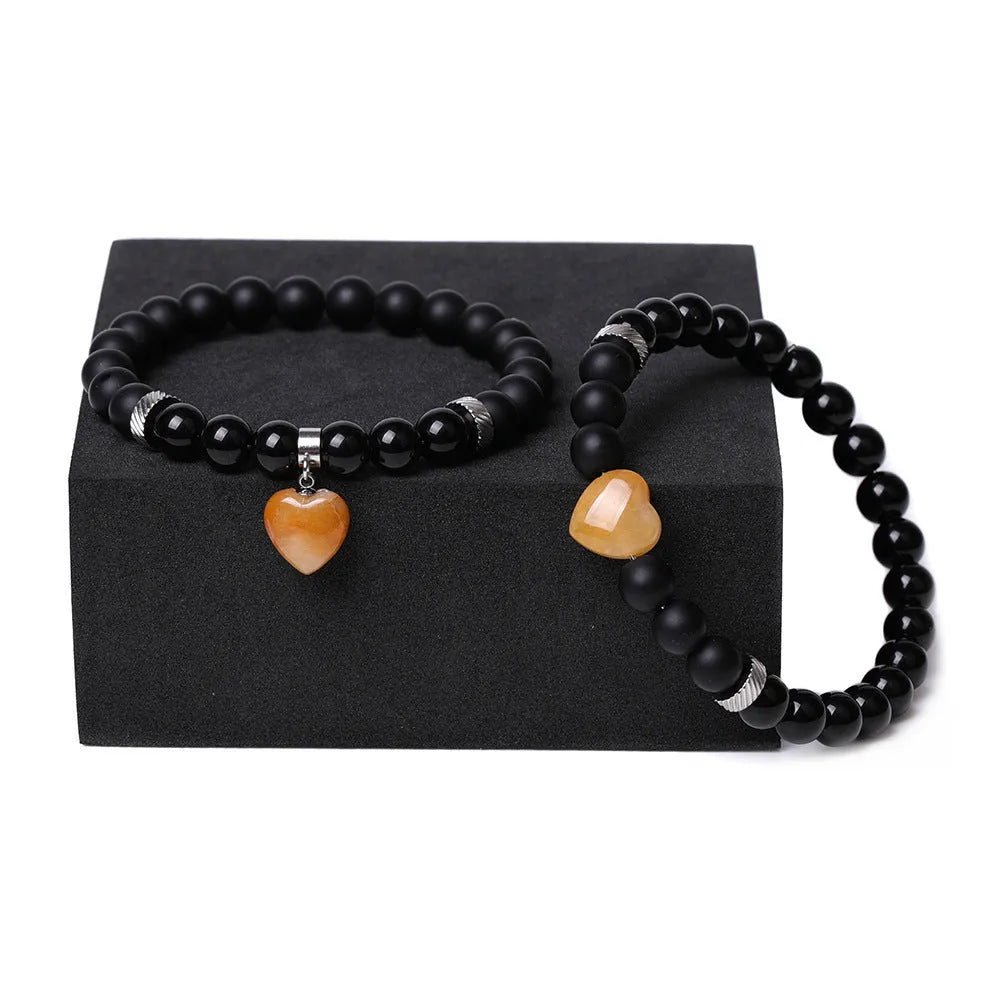 Natural stone couple love bracelet suit with two matching heart-shaped gemstone bracelets