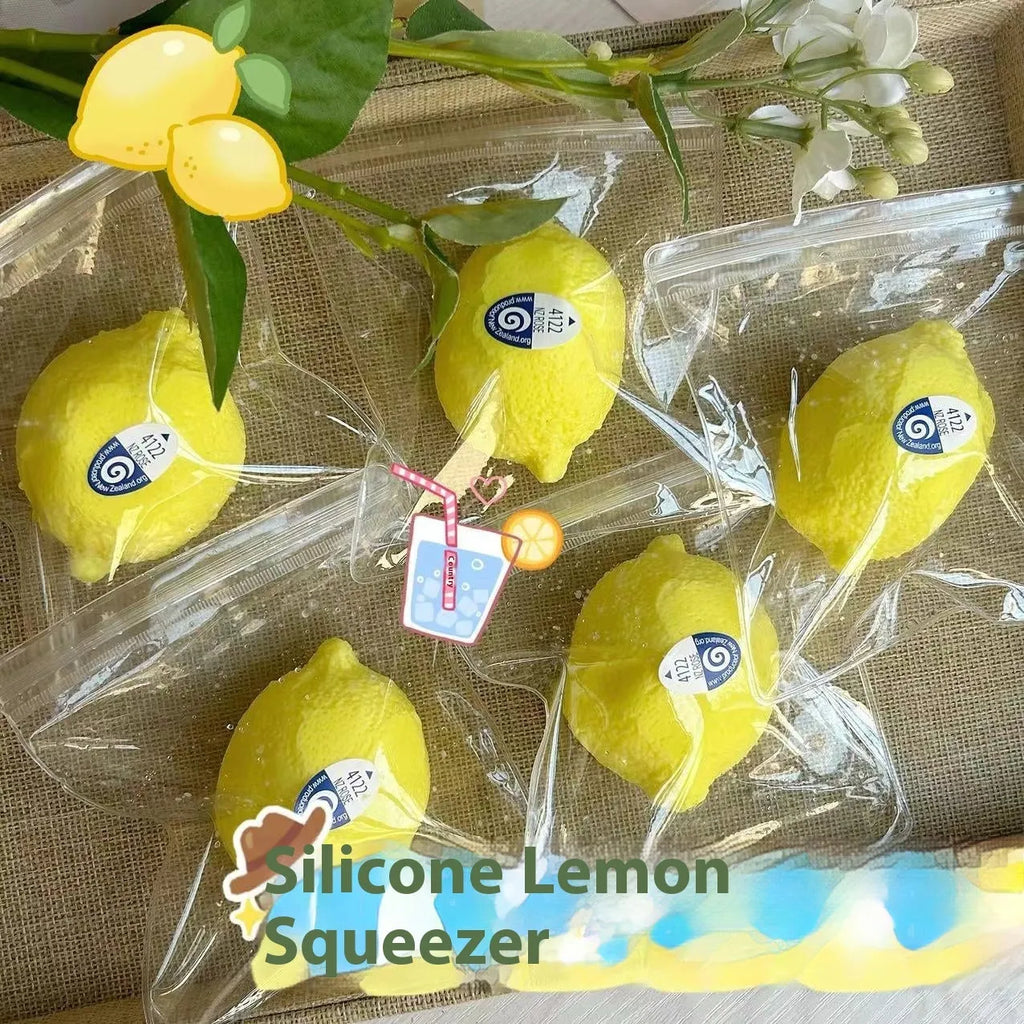 Silicone lemon squeezing toy in silicone lemon colour for pressure reduction and grasp training