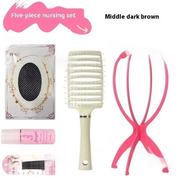 Forehead lace front wig with mid-length natural black straight hairstyle and styling accessories