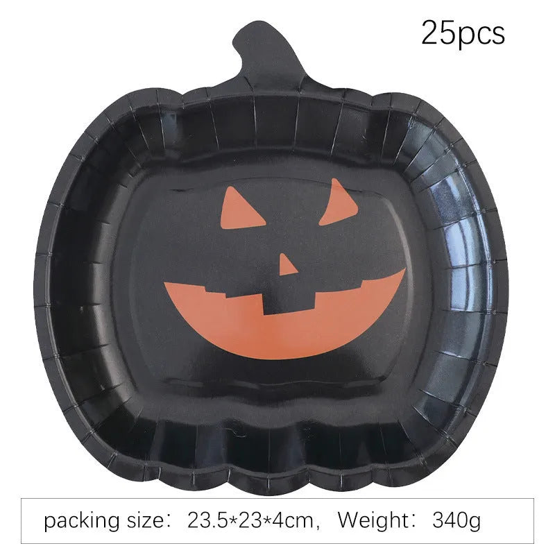 Black Halloween pumpkin design disposable paper plates in 9-inch size
