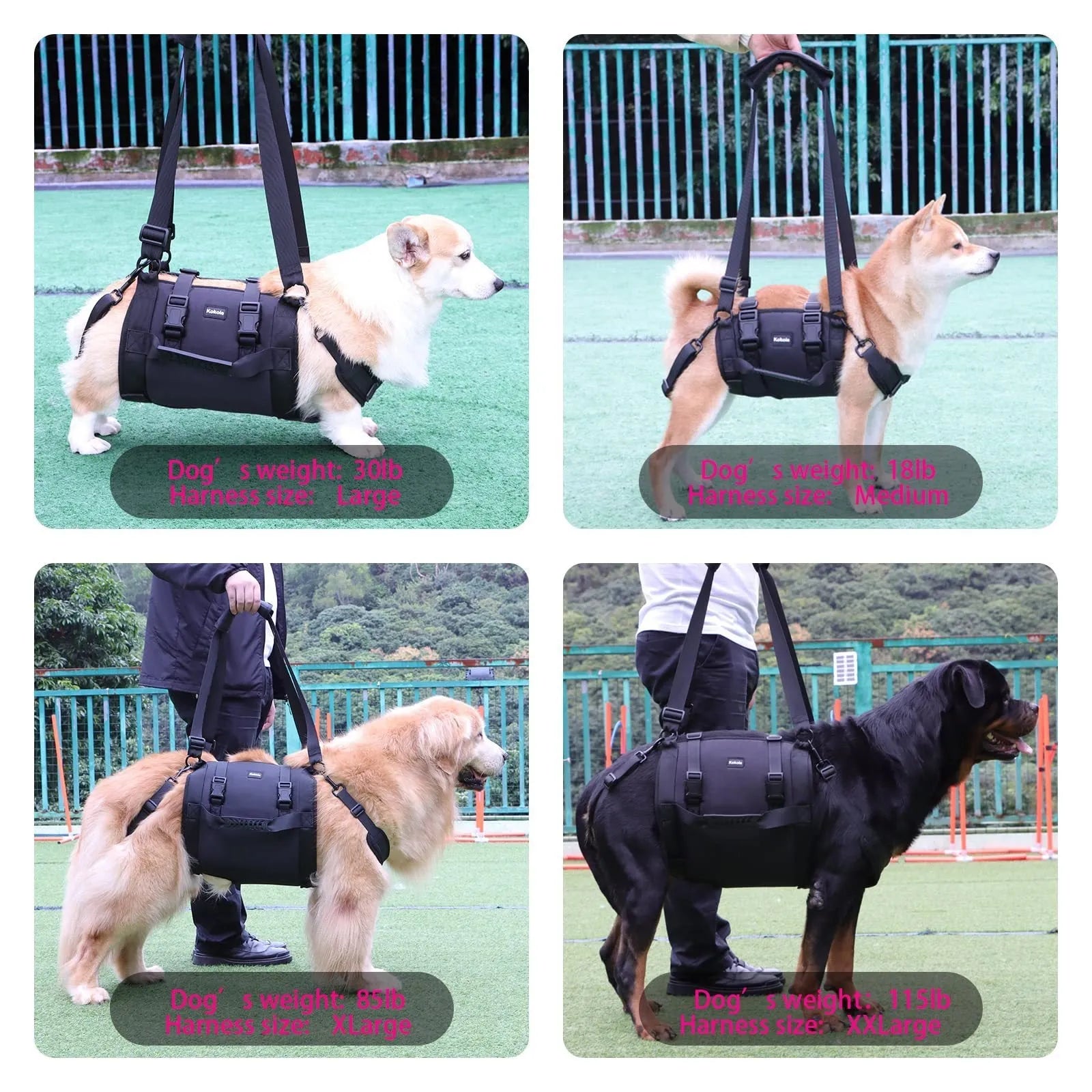 Black Oxford cloth dog harness with leg support design for rehabilitation and outdoor control