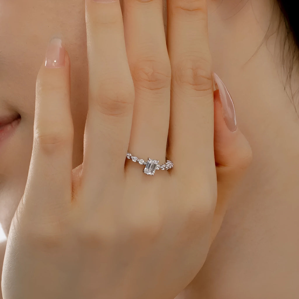 Round diamond ring for women in silver with white gold colour electroplated finish, sizes 5 to 9