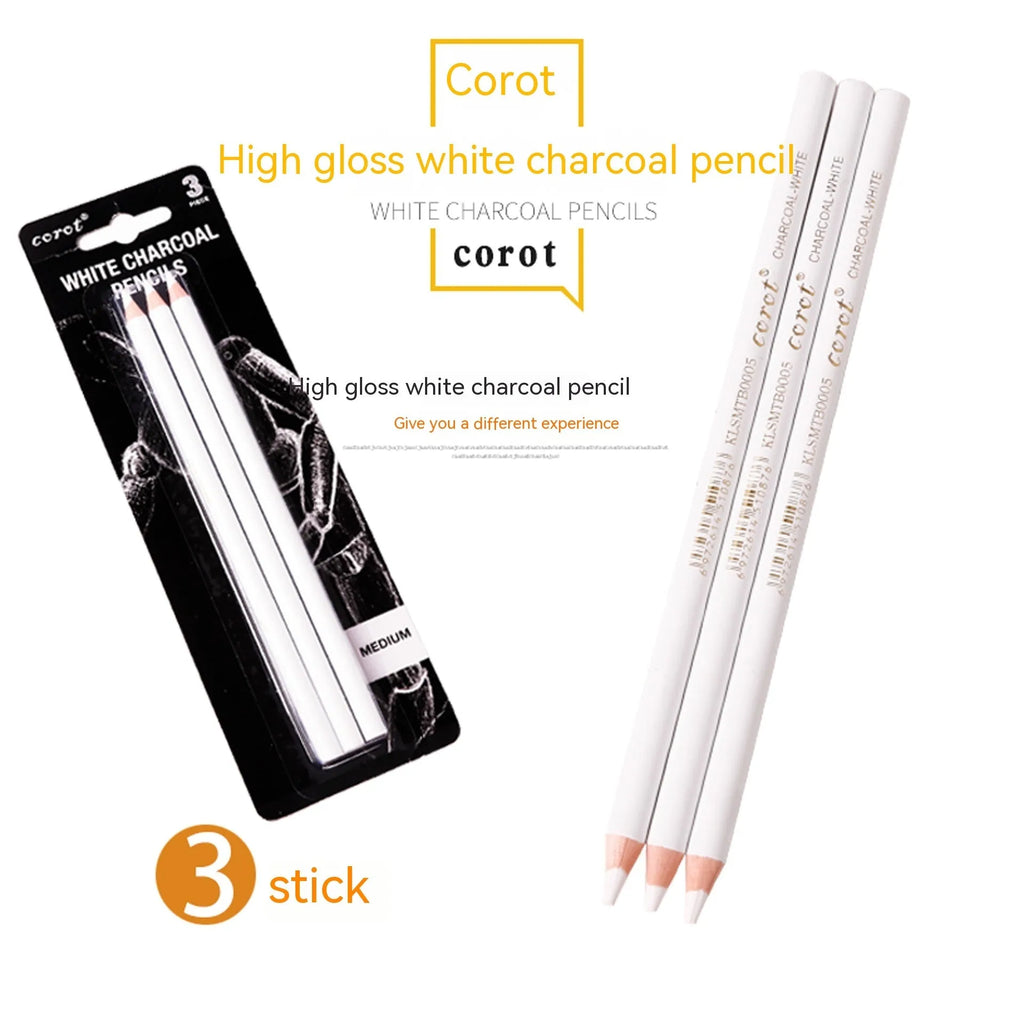 Wooden case containing three white charcoal sketching pencils for drawing on dark paper