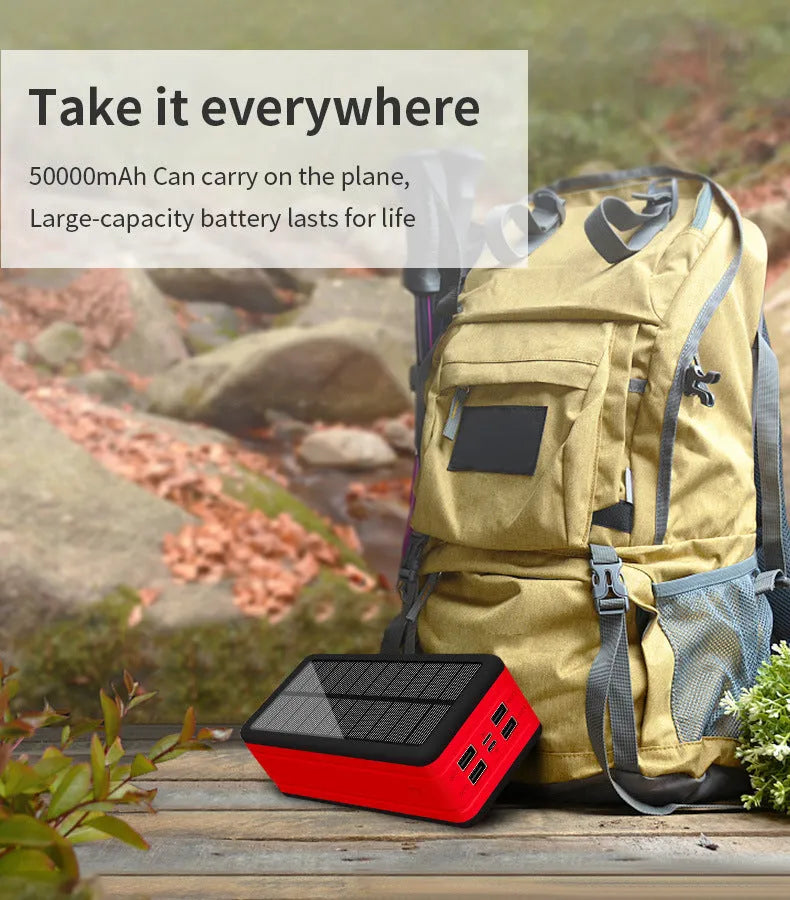 Large capacity solar wireless power bank in black with plastic shell and solar panel on front face