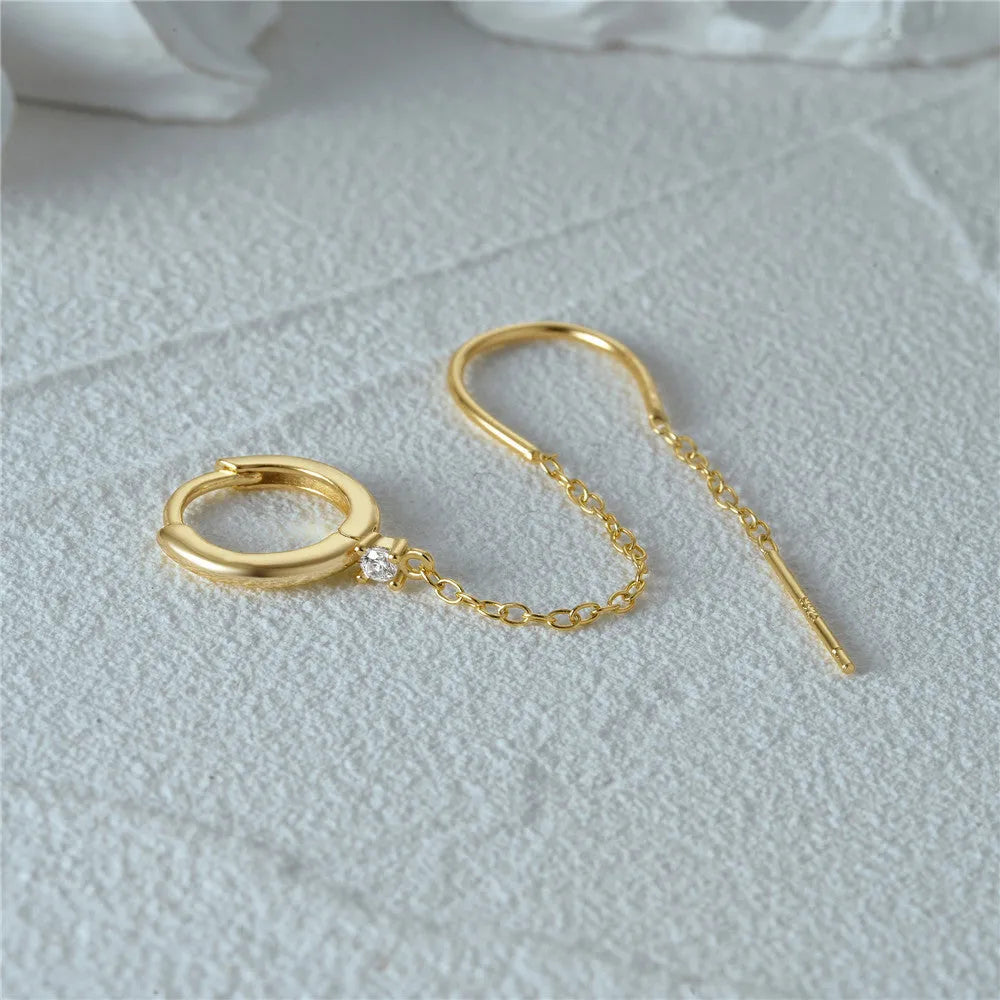 S925 sterling silver stud earrings with flower, tassel, and chain design in gold electroplated finish.