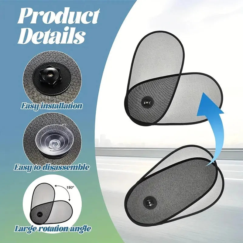 Black breathable car side window shade with suction cups stretched over a car window