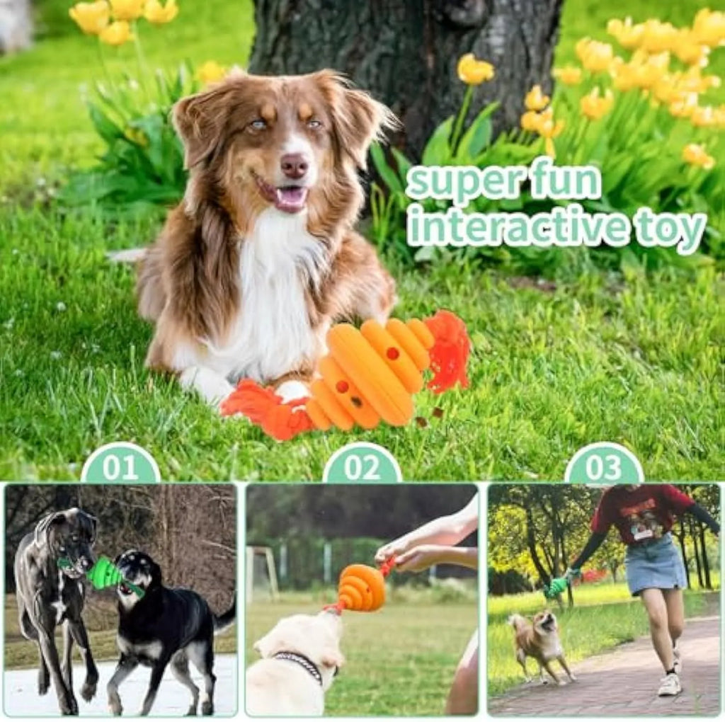 Green and yellow silicone dog ball with integrated rope, showing split spiral design for treat dispensing.