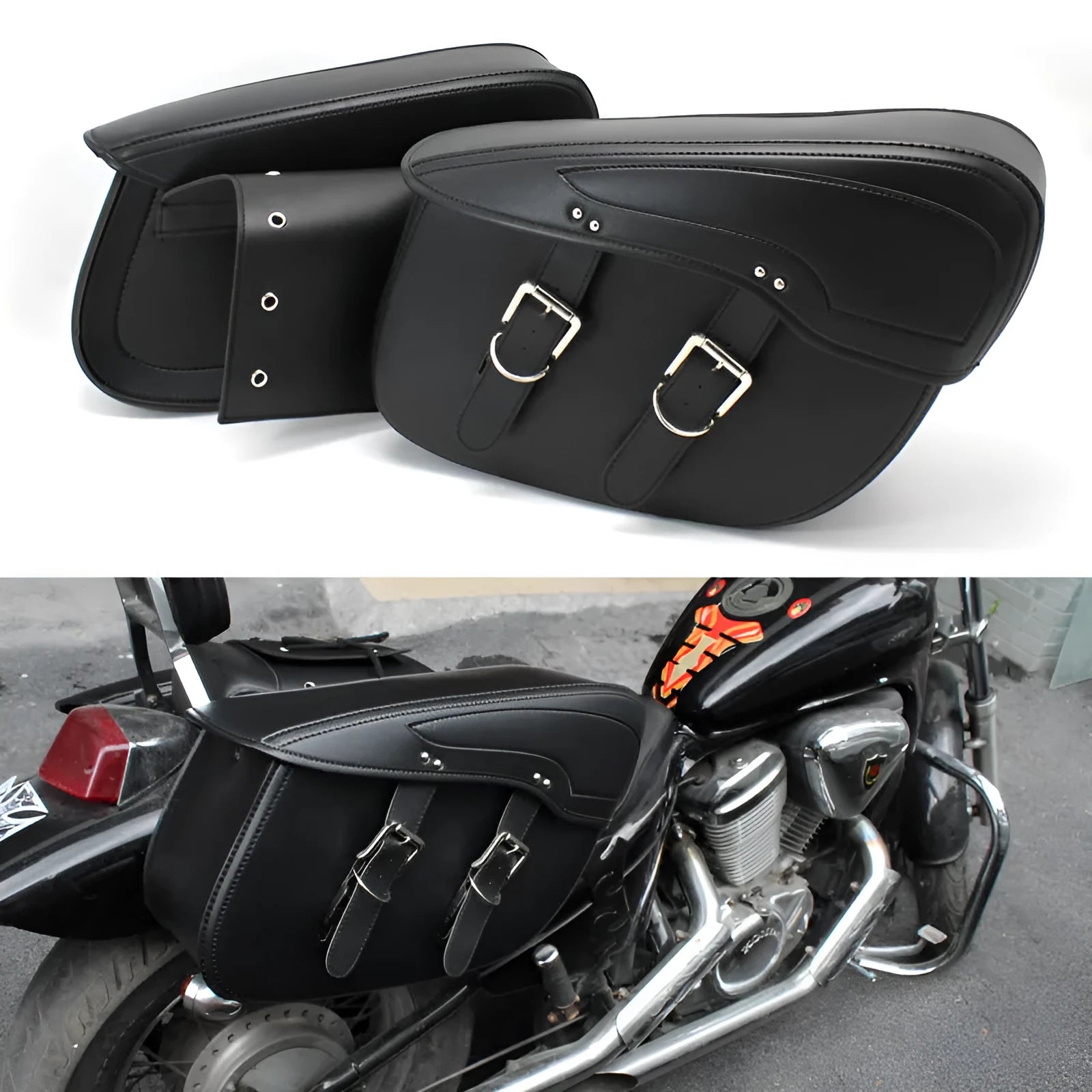 Retro style motorcycle saddle bag in PU leather showing black and brown colour options with 42 cm dimensions