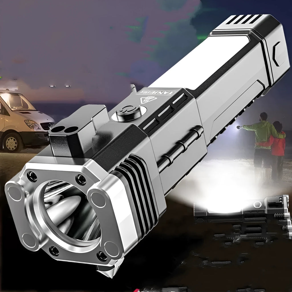 Silver coloured portable LED flashlight with plastic shell, shown as a power bank for emergency and outdoor use.