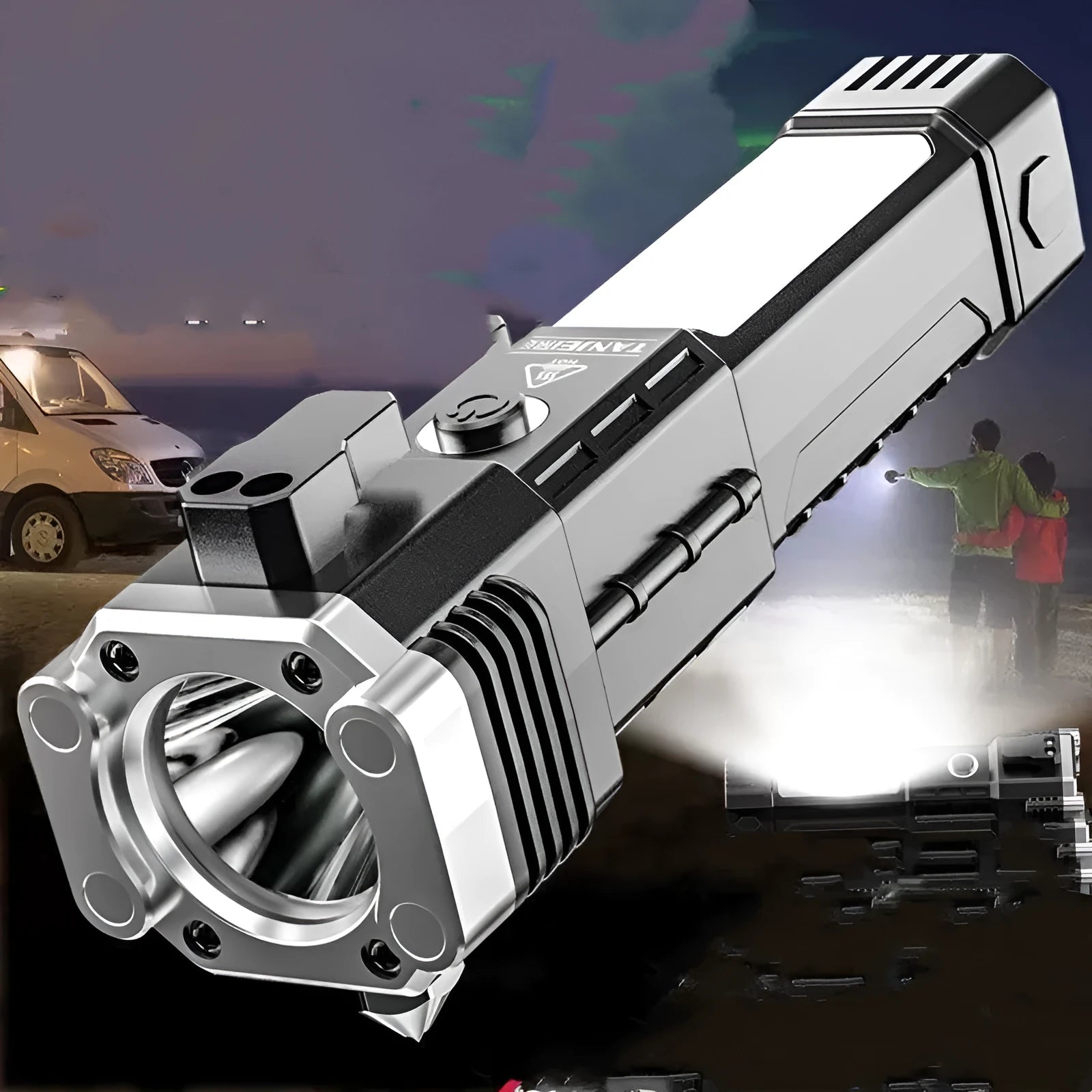 Silver coloured portable LED flashlight with plastic shell, shown as a power bank for emergency and outdoor use.