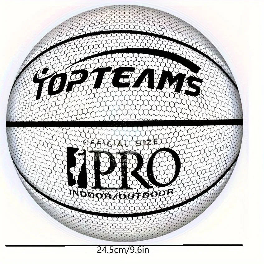 No. 7 size basketball with a holographic, luminous, and reflective patterned surface.