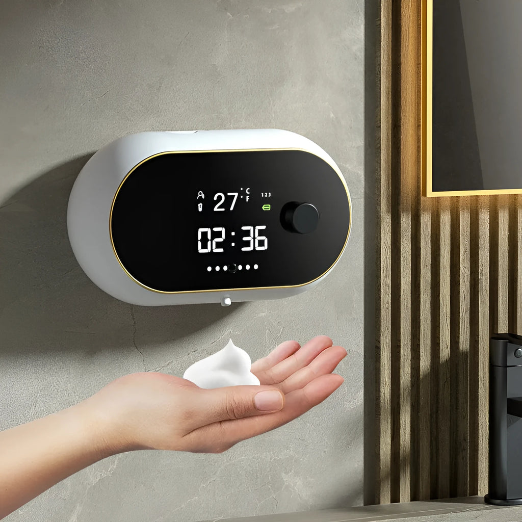 Automatic wall-mounted hand sanitiser dispenser in white with infrared sensor and 500ml capacity