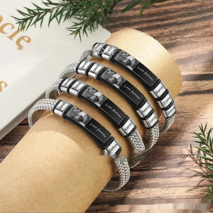 Men's titanium steel lettering bracelet with leather rope band and heart-shaped beads