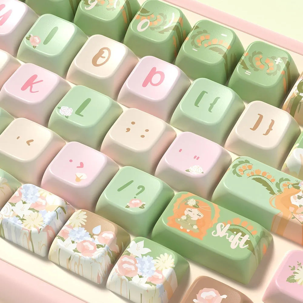 Mu Xia Garden Summer Garden custom PBT keycap set for mechanical keyboards, showing dye-sublimated designs.