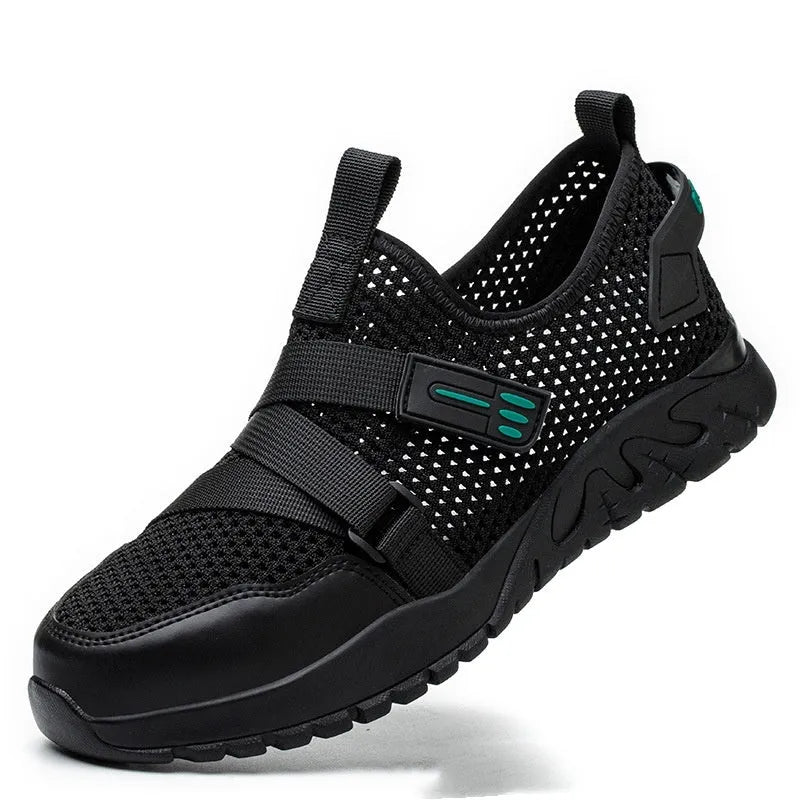 Men's grey safety shoes with steel toe caps, rubber soles, and flying woven upper construction