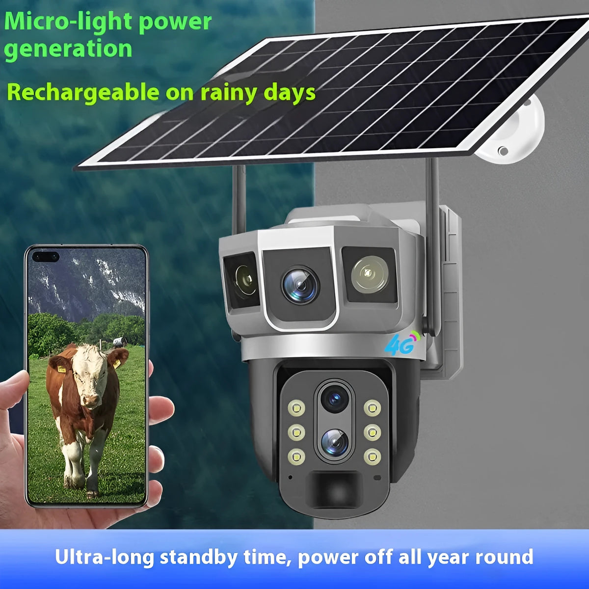V380 outdoor security camera with monitor showing three-screen display and solar panel accessory