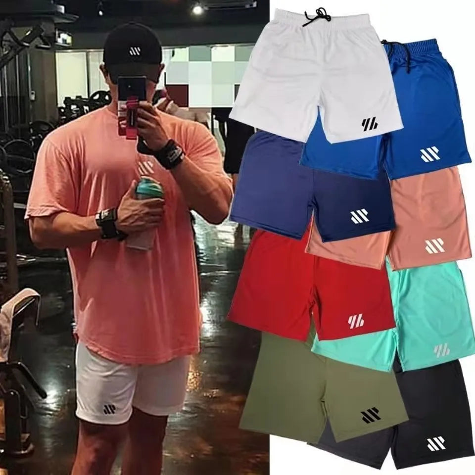 Loose-fitting metal silk sports shorts for running in various colours on a white background.