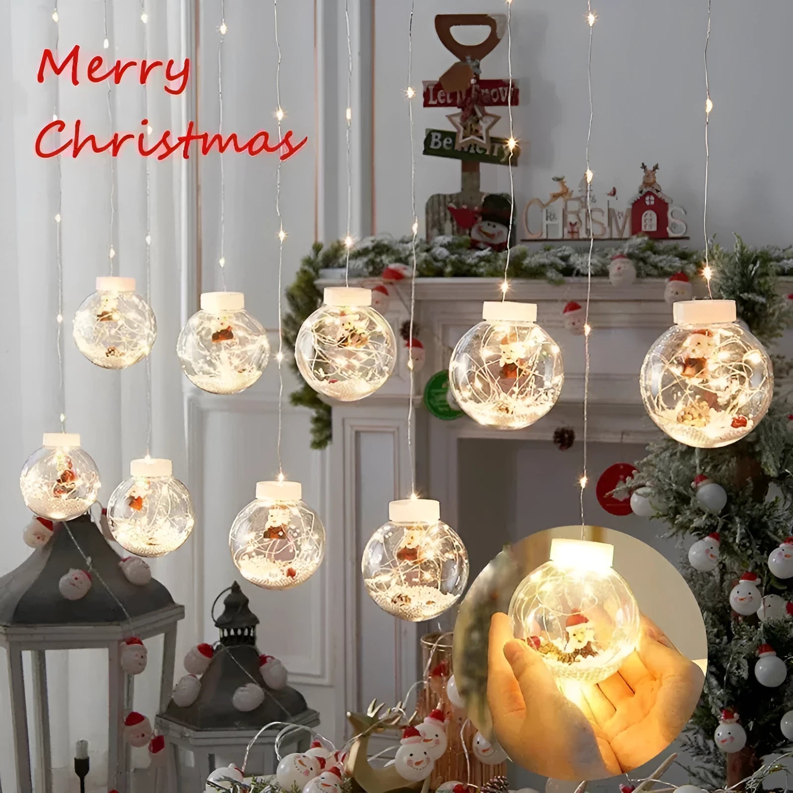 Set of 10 LED Christmas curtain lights with fairy and snowman wishing ball designs on a string.