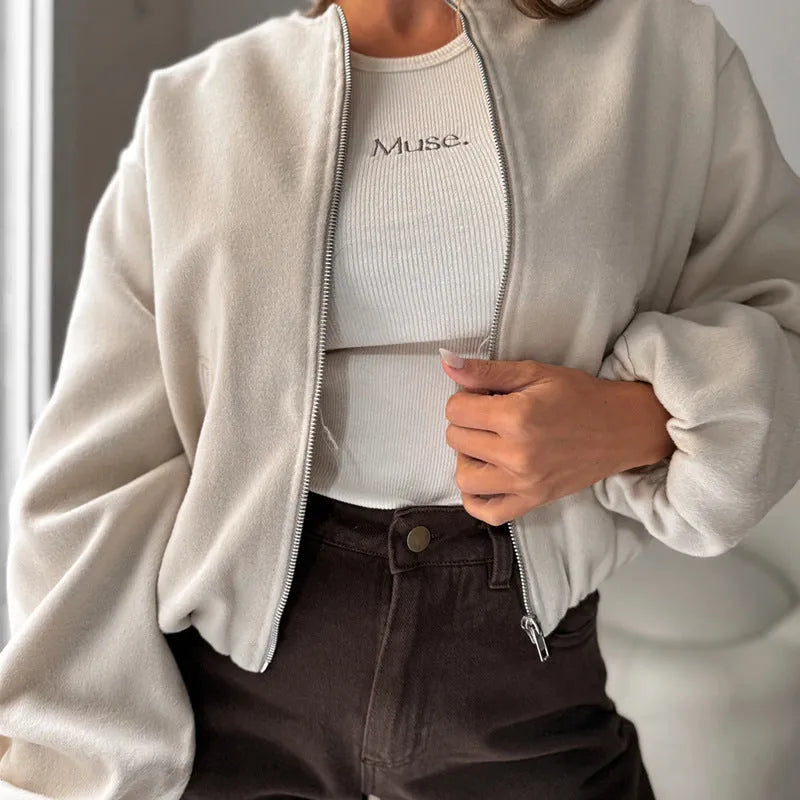 Women's off-shoulder short coat with lantern sleeves in milky white and brown colour options