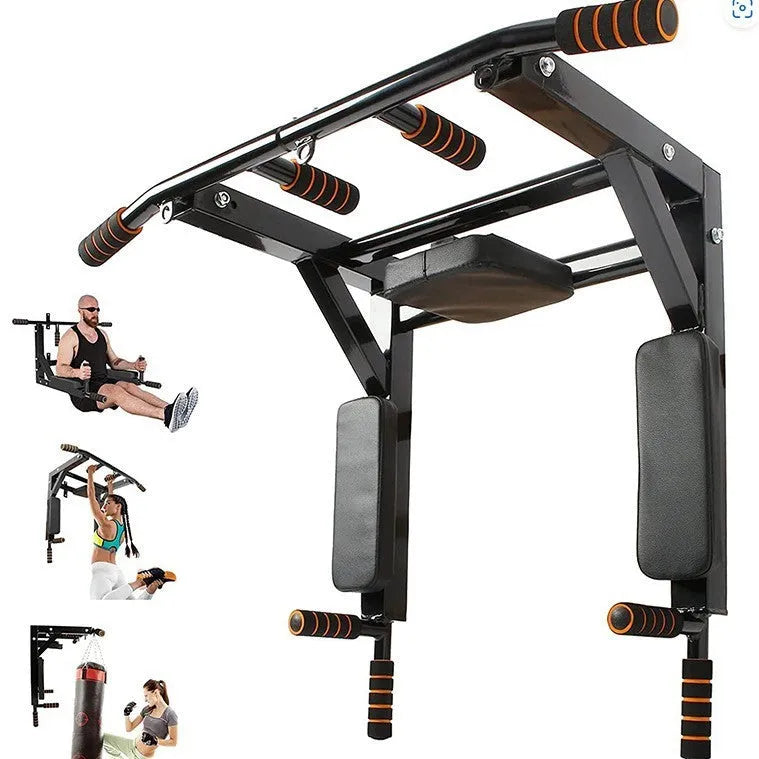 Black wall-mounted fitness equipment with sandbag rack and parallel pull-up bars measuring 77x47x11cm