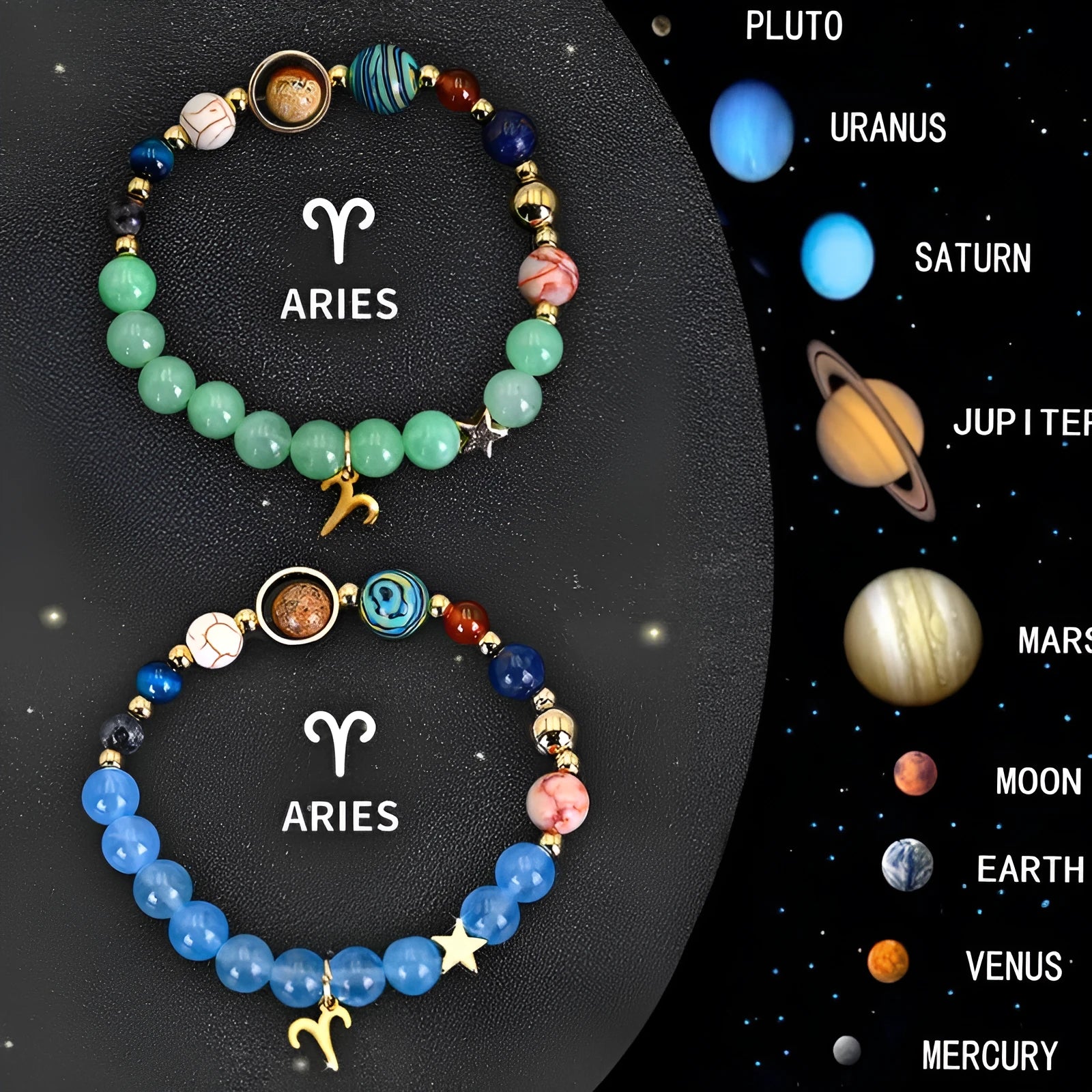 Twelve zodiac sign natural stone beaded bracelets with astrological charms