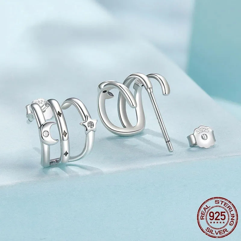 Multi-ring S925 sterling silver stud earrings with inlaid zircon, SCE1898 colour, on a clean background
