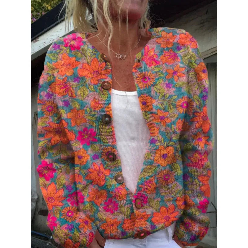 Yellow digital print cardigan coat with 3D stereoscopic pattern, regular sleeves, gentle cardigan style.