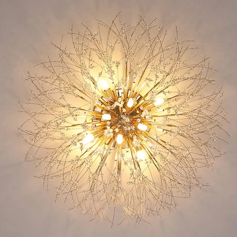 Wrought iron ceiling lamp with dandelion crystal shade chrome finish 40cm four LED heads