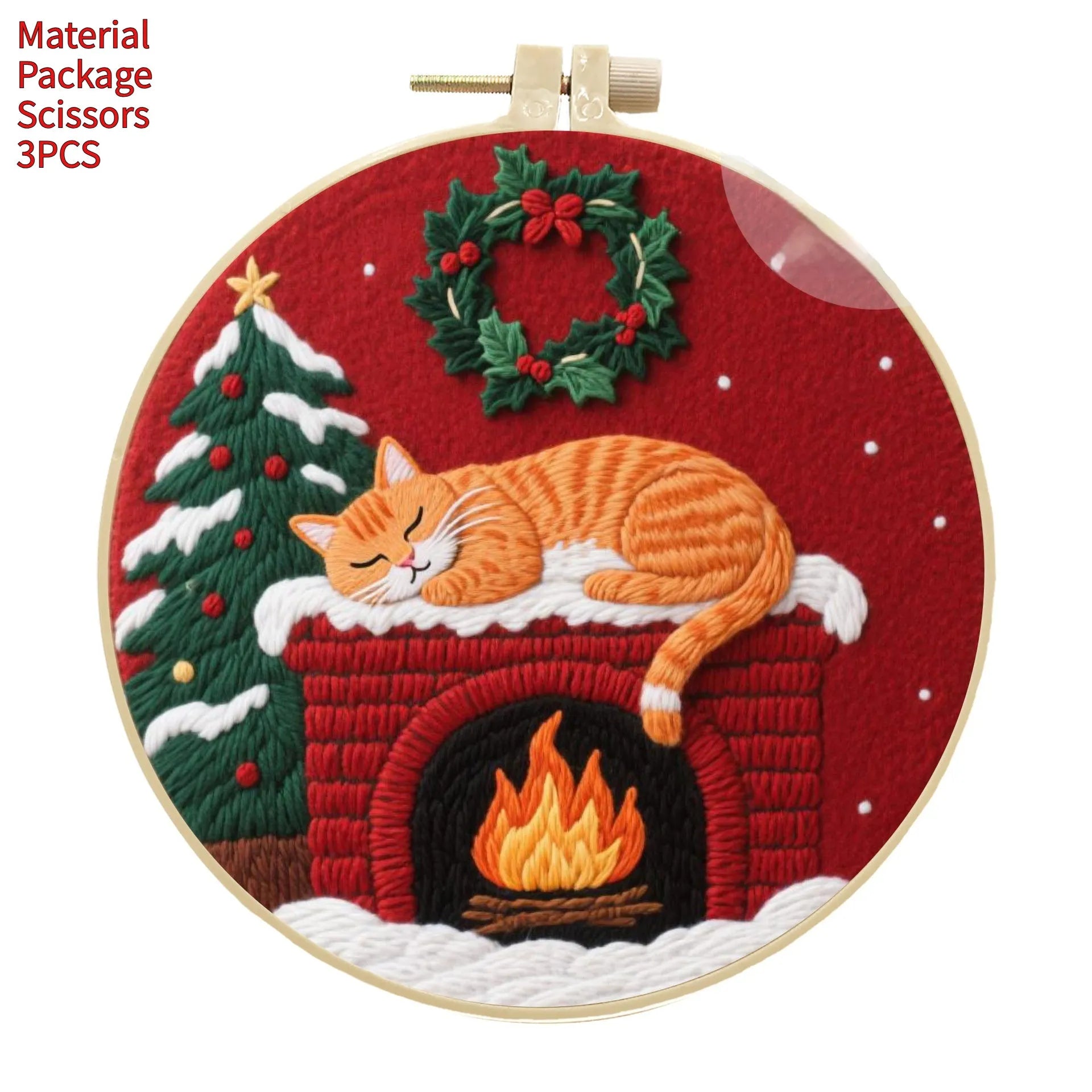 DIY cat embroidery kit with autumn fruit patterns on cotton and linen fabric including embroidery frame