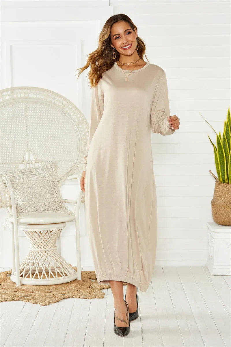 Black lantern dress with lace-up crew neck and loose long silhouette