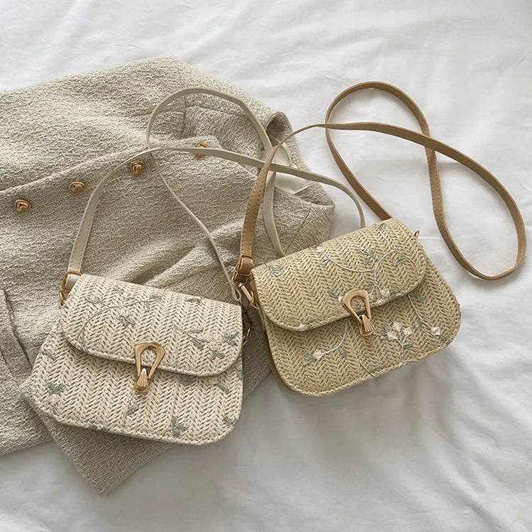 Straw woven satchel handbag with floral pattern in white colour option, single shoulder strap, summer beach bag