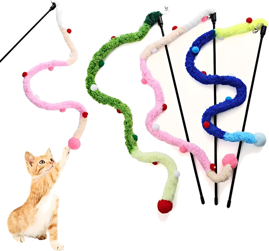 Cat wand toy with colourful feather and bell plush strip on 41cm pole