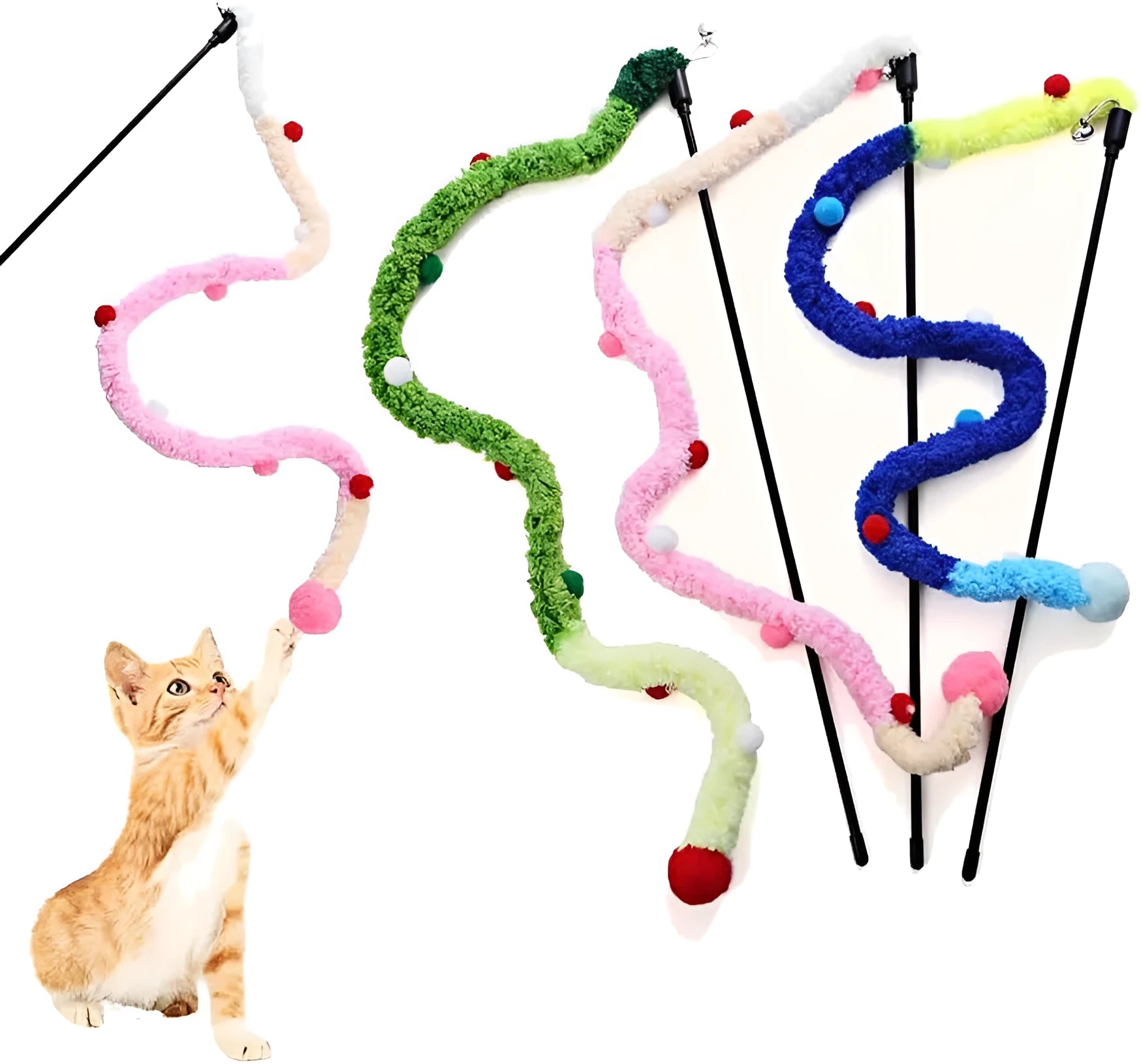 Cat wand toy with colourful feather and bell plush strip on 41cm pole