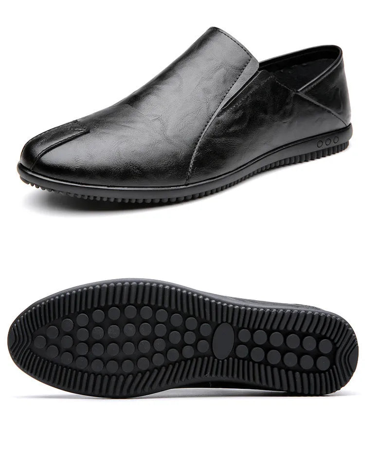 Men's round toe artificial PU leather shoes in white with anti-slip sole, side view