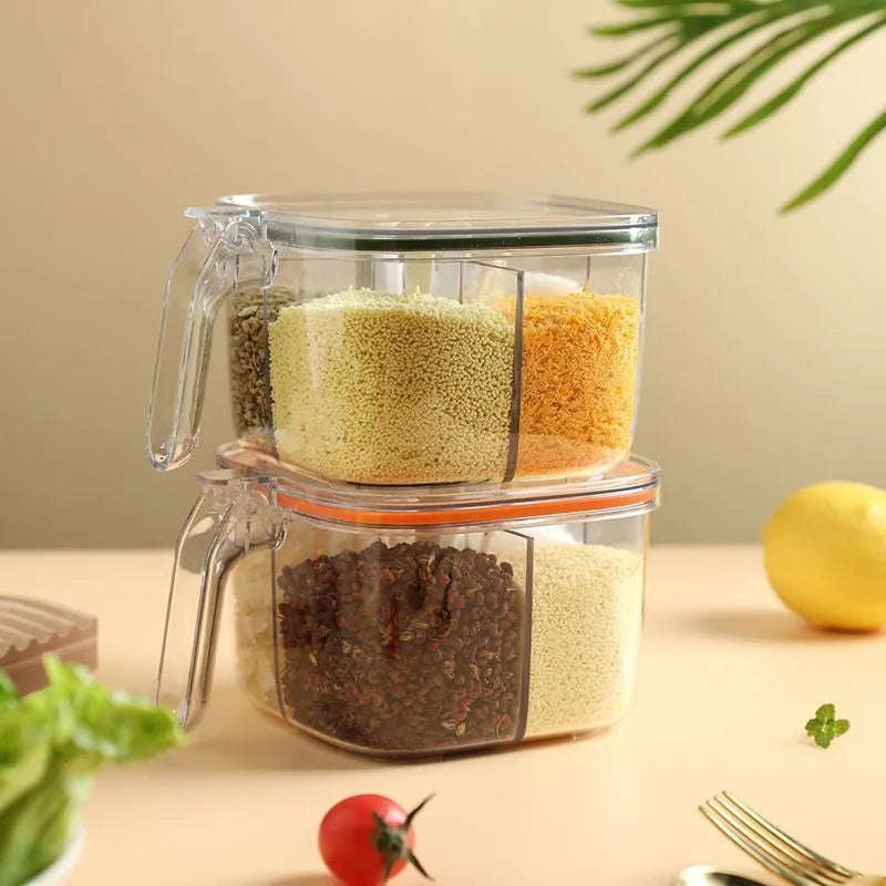 Five-in-one plastic seasoning container box in orange on a kitchen countertop