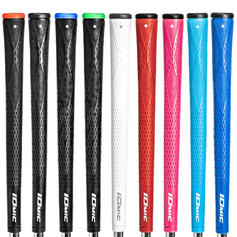TPE golf club grip showing non-slip texture in multiple colour options including pink, blue, white and two-tone combinations