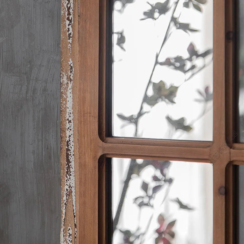 Distressed wooden glass fake window wall mirror in log colour
