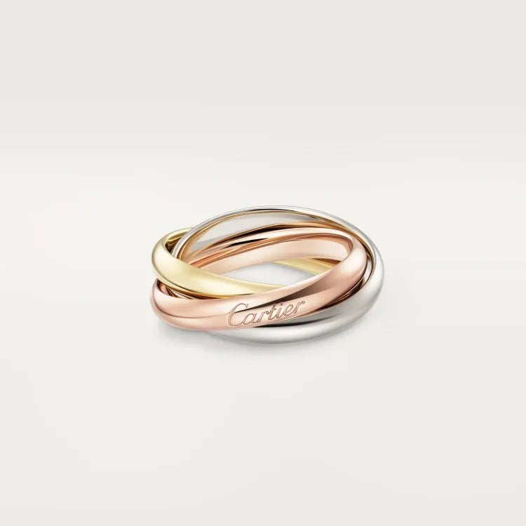 Geometric U-shaped silver couple ring set with full diamond and plain finish options on a size chart.