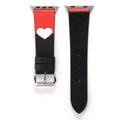 Leather watch strap with red heart on black ground, shown in 38mm, 42mm and 44mm sizes.